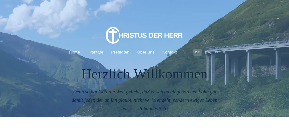 Christus der Herr: Startseite mit Navigation, Bibelvers und Sprachauswahl