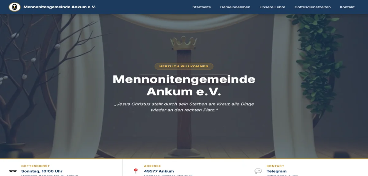 Mennonitengemeinde Ankum: Website mit Hero, Navigation und Quick-Info-Bar