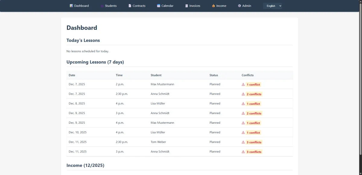 TutorFlow: Verwaltungs-Dashboard mit Schülern, Einnahmen und Terminen