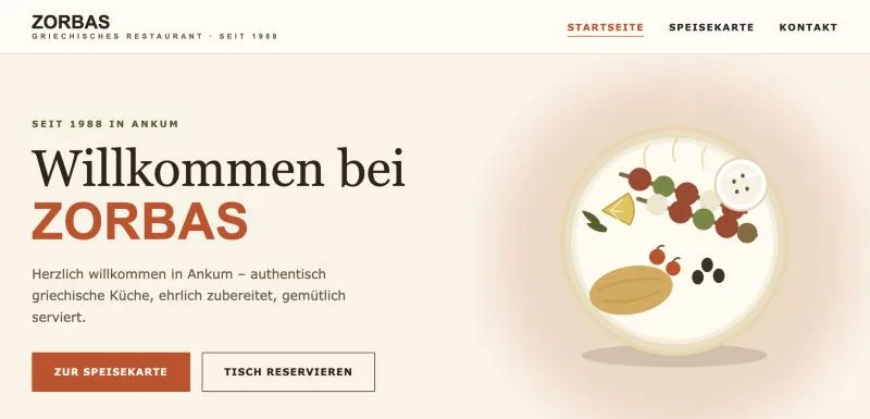 Zorbas Ankum: Startseite mit Hero-Illustration und Navigation